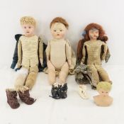 3 Antique Metal Head Dolls & 1 Shoulder Head