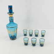 Vintage Gold Trimmed Blue Glass Decanter & Glasses