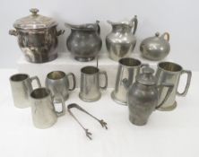 Pewter mugs and pitchers, some silverplate too