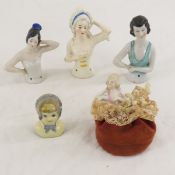 5 Antique Porcelain Half Dolls & Pincushion