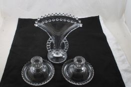 Candlewick Glass Fan Vase & Pair Candleholders
