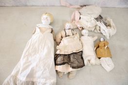 4 Antique China Dolls & Doll Clothes