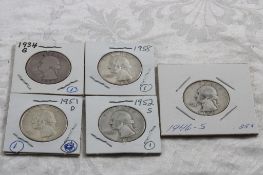 5 Washington Silver Quarters