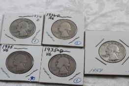 5 Silver Washington Quarters