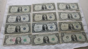 12 $1 Silver Certificates & Notes