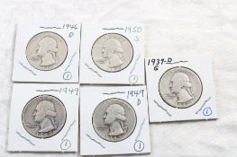 5 Washington Silver Quarters