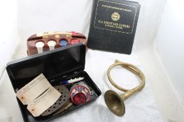 Poker Chips, Brass Horn, Bond Box, Ford Wrench