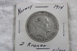 1914 Norway 2 Kroner Coin 83.3% Silver