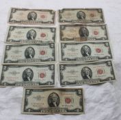 9 $2 Notes 1953 & 1963 Red Seal