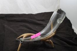 Crown Logo Glass Beer Horn w/Resin Antler Stand