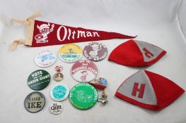 Pinbacks, School Felt Pennant & 2 Felt Beanies