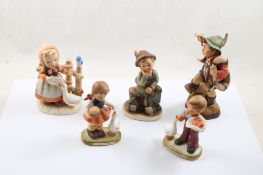 4 Porcelain Figurines, 1 Wooden Figurine