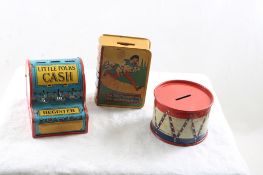 3 Tin Litho Banks Ohio Art, Kirchhof, A. Gropper