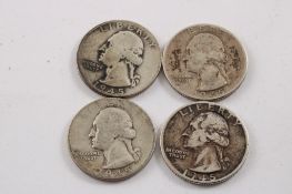 4 Washington Silver Quarters 1945x3, 1945S