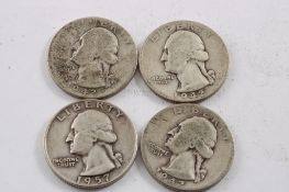 4 Washington Silver Quarters 1957D, & 1942x3