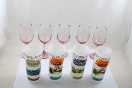 4 Antique Auto Drink Glasses, 5 Pink Wine Goblets