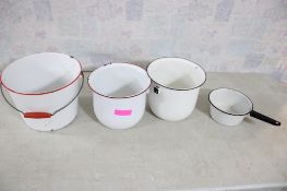 4 Enamelware 2 Chamber Pots, Bucket, Sauce Pan
