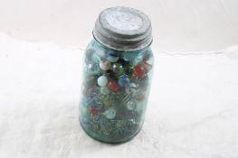 1 Qt Blue Ball Perfect Mason Jar full of Marbles