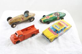 2 Tin Race Cars, Tin Taxi Cab, Tootsietoy Pickup