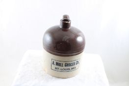 Stoneware Advertising Two Color Half Gallon Jug