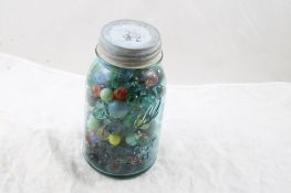 1 Qt Blue Ball Perfect Mason Jar full of Marbles