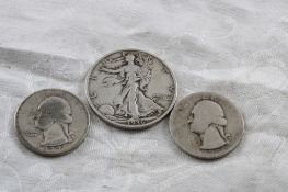 Walking Liberty Half Dollar, 2 Washington Quarters
