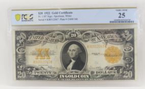 1922 $20 Gold Certificate PCGS VF25