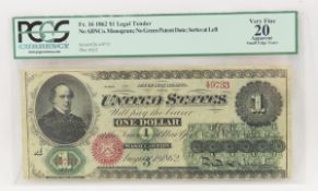 1862 $1 Legal Tender Large Note PCGS VF20