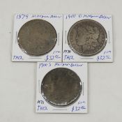 3 Morgan Silver Dollars 1879, 1900 O, 1900 S