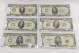 6 1934 Federal Reserve Notes, 2-$5, 2-$10, 2-$20