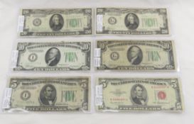 6 1934 Federal Reserve Notes, 2-$5, 2-$10, 2-$20