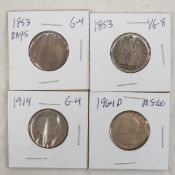 4 Silver Quarters 1853 x 2, 1914, 1964 D