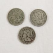 3 1865-1872 3 Cent Nickels 1865, 1871, 1872