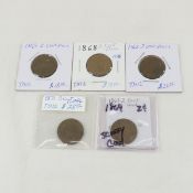 5 2 cent Shield Coins 1865, 1868x2, 1869, 1871