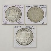 1887, 1899 O, & 1900 O Morgan Silver Dollars