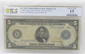 1914 $5 Fed Reserve Note Kansas City PCGS F15