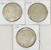 1921 P, D, S Morgan Silver Dollars