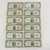 12 1953 $2 US Notes