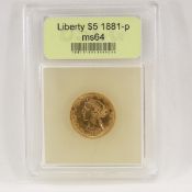 1881 $5 Gold Liberty Head Half Eagle USCG MS64