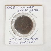 1863 Civil War Store Card City of NY IOU One Cent