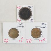 1851 Large Cent, 1865 & 1866 2 cent shield coins
