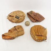 4 Vintage Baseball Gloves & 1 Ball