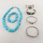 4 Mexican Alpaca Inlaid Bracelets & Necklace Set