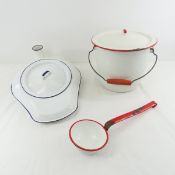 Antique Enamel Bed Pan & Soup Pot with ladle