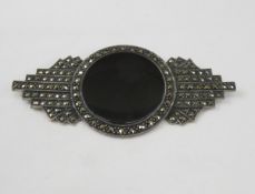 Sterling Marcasite & Onyx Art Deco Brooch