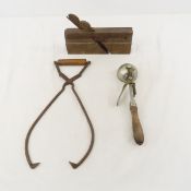 Antique Wood Plane, Ice Tongs & Ice Cream Scoop