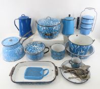 Collection of blue granite ware pots & more
