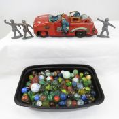 Marbles, 3 lead Figures & Japan Friction Truck