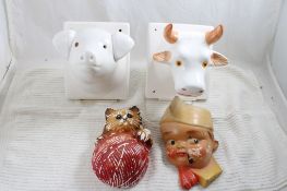 2 Ceramic Pig & Cow Heads Wall Towel/Apron Holders