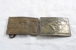 2 Brass Belt Buckles Pony Express, Polish Armed Gd
